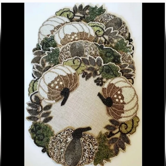 4 Nicole Miller Thanksgiving Beaded WHITE PUMPKIN Jute Placemat Chargers New